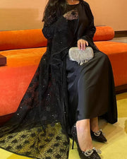 Lace Bell-Sleeve Open Abaya Dress for Women 3-Piece Set