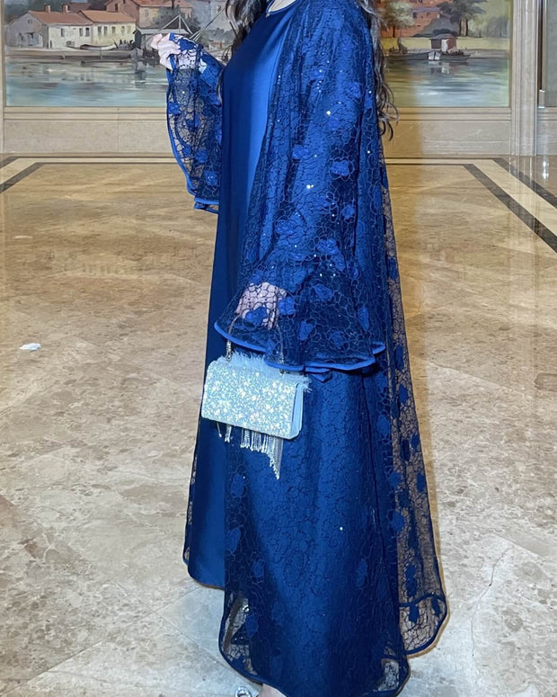 Lace Bell-Sleeve Open Abaya Dress for Women 3-Piece Set