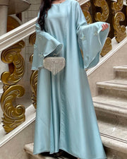 Satin Open Abaya Dress with Butterfly Embroidery 2-Piece Set