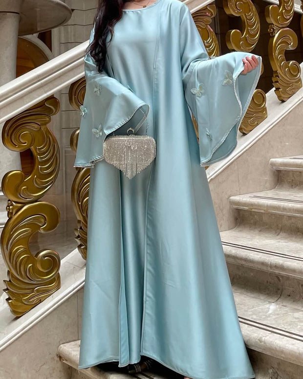 Satin Open Abaya Dress with Butterfly Embroidery 2-Piece Set