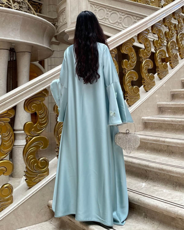 Satin Open Abaya Dress with Butterfly Embroidery 2-Piece Set