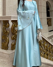 Satin Open Abaya Dress with Butterfly Embroidery 2-Piece Set