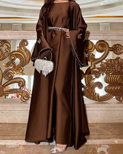 Satin Open Abaya Dress with Butterfly Embroidery 2-Piece Set