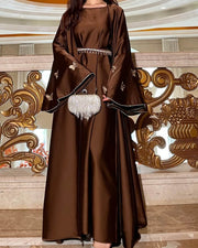 Satin Open Abaya Dress with Butterfly Embroidery 2-Piece Set