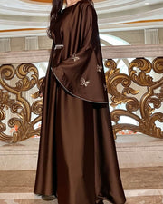 Satin Open Abaya Dress with Butterfly Embroidery 2-Piece Set