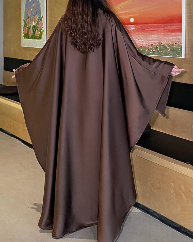 Elegant Satin Cape Abaya Dress with Pearl Crystal