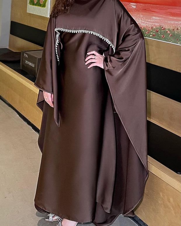 Elegant Satin Cape Abaya Dress with Pearl Crystal