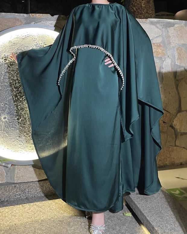 Elegant Satin Cape Abaya Dress with Pearl Crystal