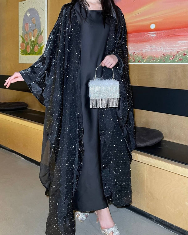 StarLight Pearl Organza Open Abaya Dress 2-Piece Set