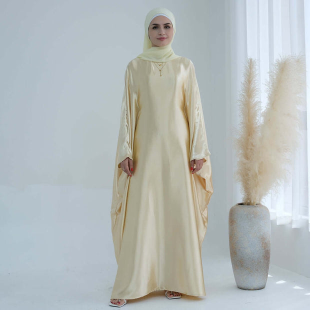 Wrinkled Satin Beige Butterfly Abaya Dress