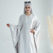 Wrinkled Satin Silver Butterfly Abaya Dress