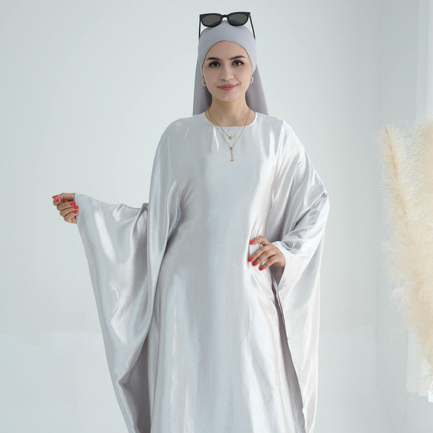 Wrinkled Satin Silver Butterfly Abaya Dress