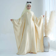 Wrinkled Satin Beige Butterfly Abaya Dress