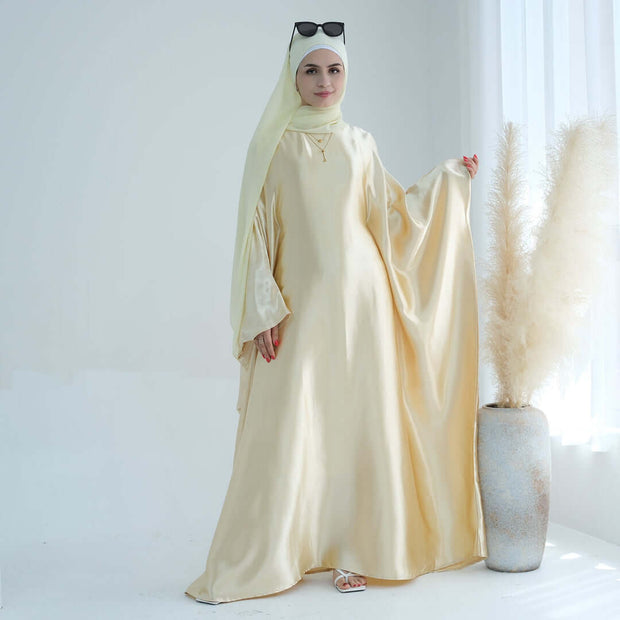 Wrinkled Satin Beige Butterfly Abaya Dress