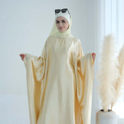 Wrinkled Satin Beige Butterfly Abaya Dress