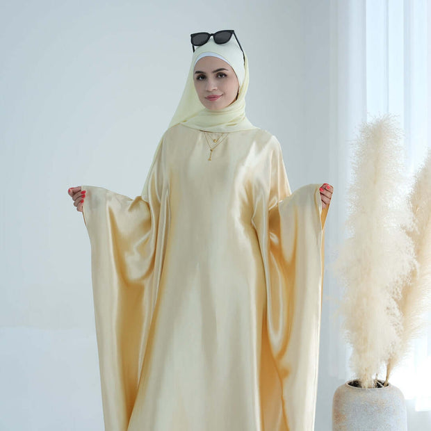 Wrinkled Satin Beige Butterfly Abaya Dress