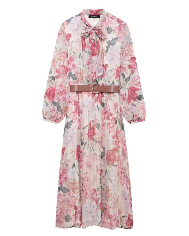 Belted Floral Print Midi Modest Dress