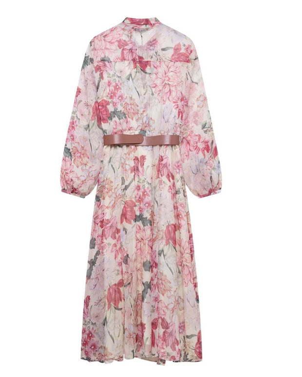 Belted Floral Print Midi Modest Dress