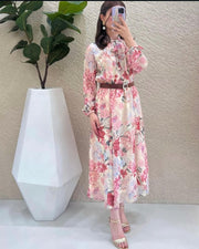 Belted Floral Print Midi Modest Dress