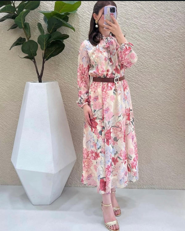 Belted Floral Print Midi Modest Dress