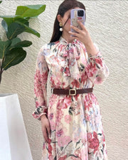 Belted Floral Print Midi Modest Dress