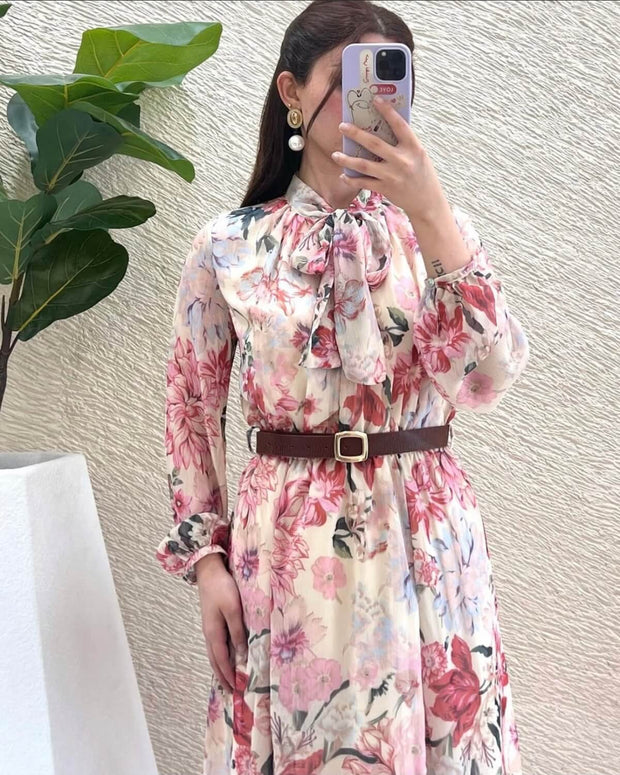 Belted Floral Print Midi Modest Dress