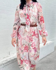 Belted Floral Print Midi Modest Dress