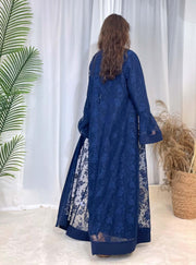 Luxury Rose Lace Abaya 3-Piece Set with Zipper & Flared Cuffs