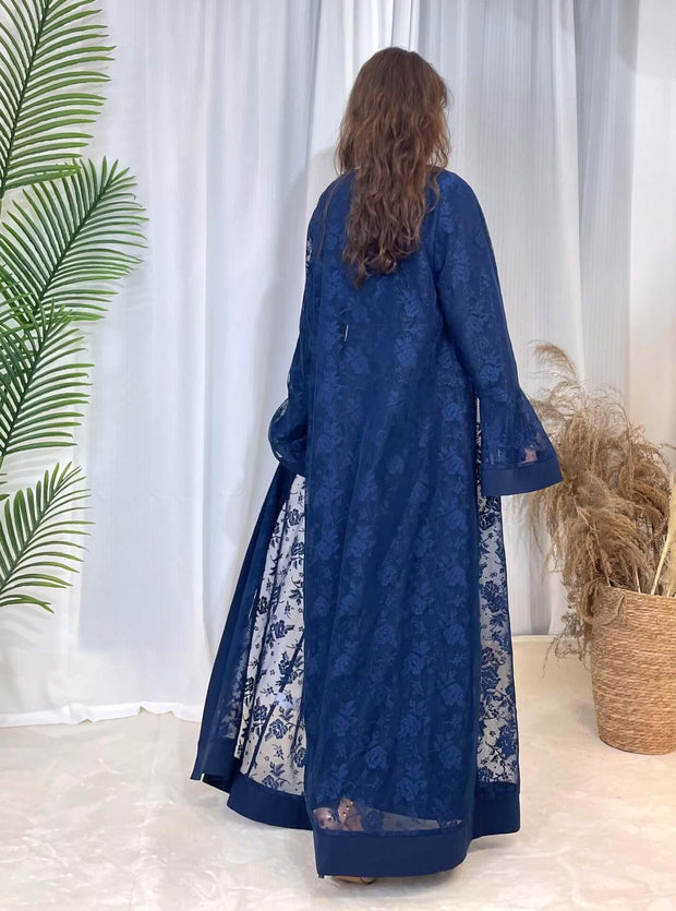 Luxury Rose Lace Abaya 3-Piece Set with Zipper & Flared Cuffs