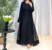 Luxury Rose Lace Abaya 3-Piece Set with Zipper & Flared Cuffs