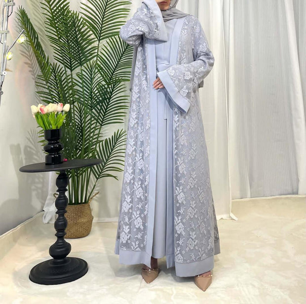 Luxury Rose Lace Abaya 3-Piece Set with Zipper & Flared Cuffs