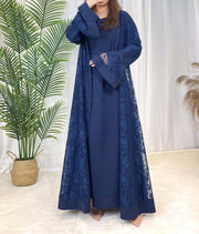 Luxury Rose Lace Abaya 3-Piece Set with Zipper & Flared Cuffs