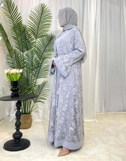 Luxury Rose Lace Abaya 3-Piece Set with Zipper & Flared Cuffs