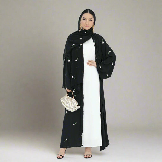 Floral Embroidery Abayas with Hijab 2-Piece Set