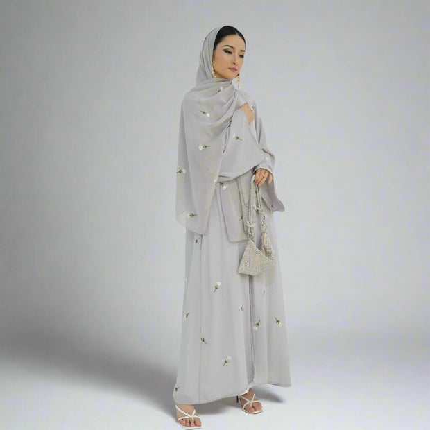 Floral Embroidery Abayas with Hijab 2-Piece Set