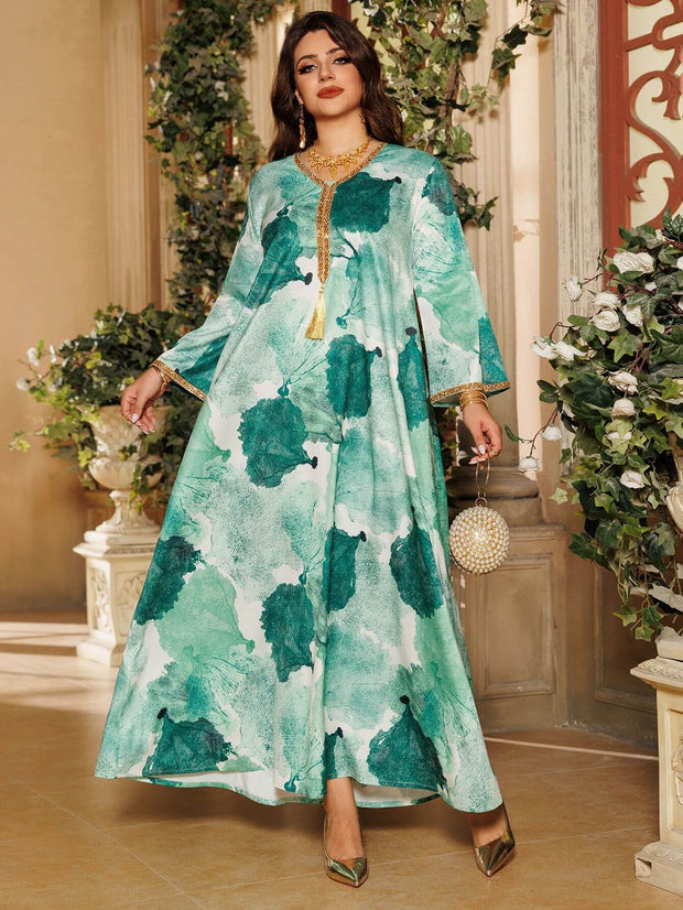 Satin Printed Rhinestone Kaftan Dress