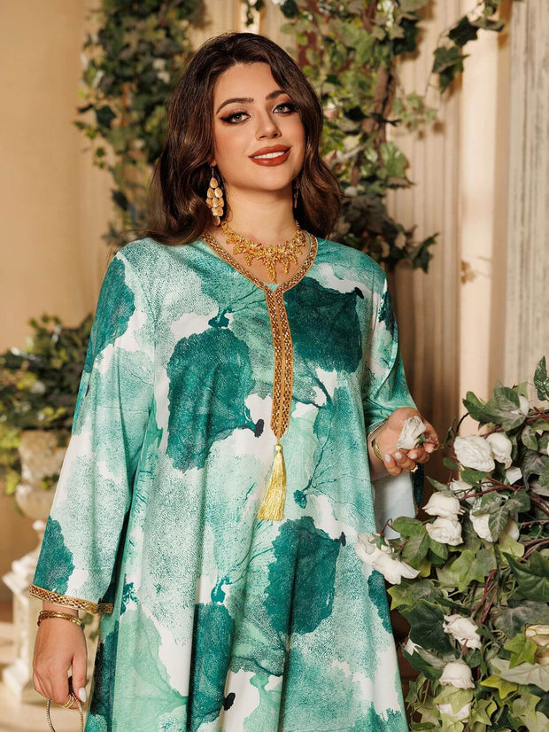 Satin Printed Rhinestone Kaftan Dress