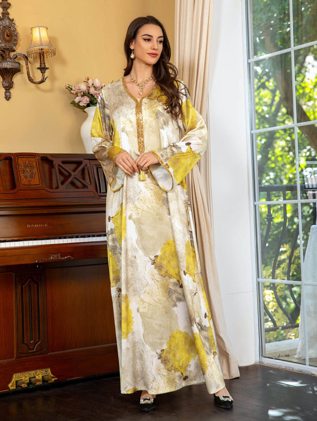 Satin Printed Rhinestone Kaftan Dress