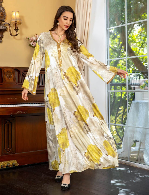Satin Printed Rhinestone Kaftan Dress