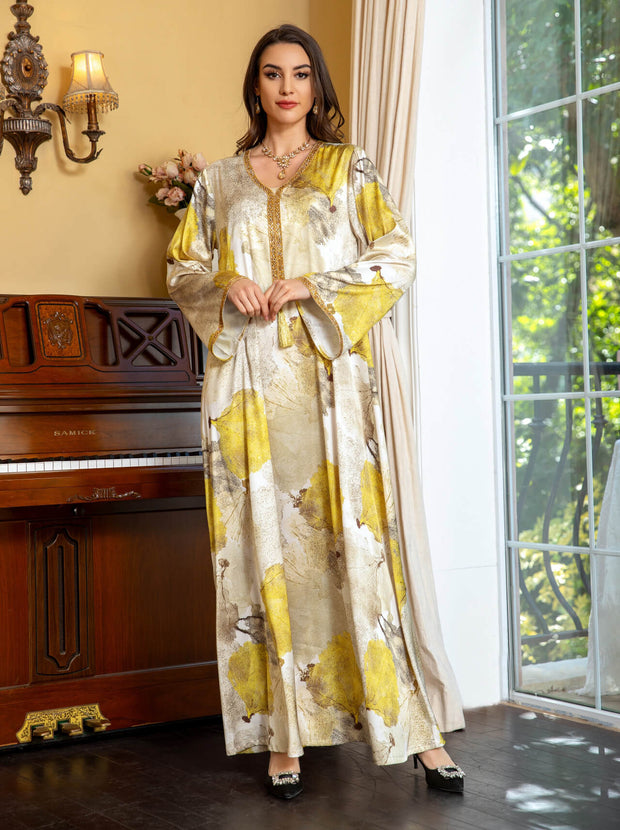 Satin Printed Rhinestone Kaftan Dress