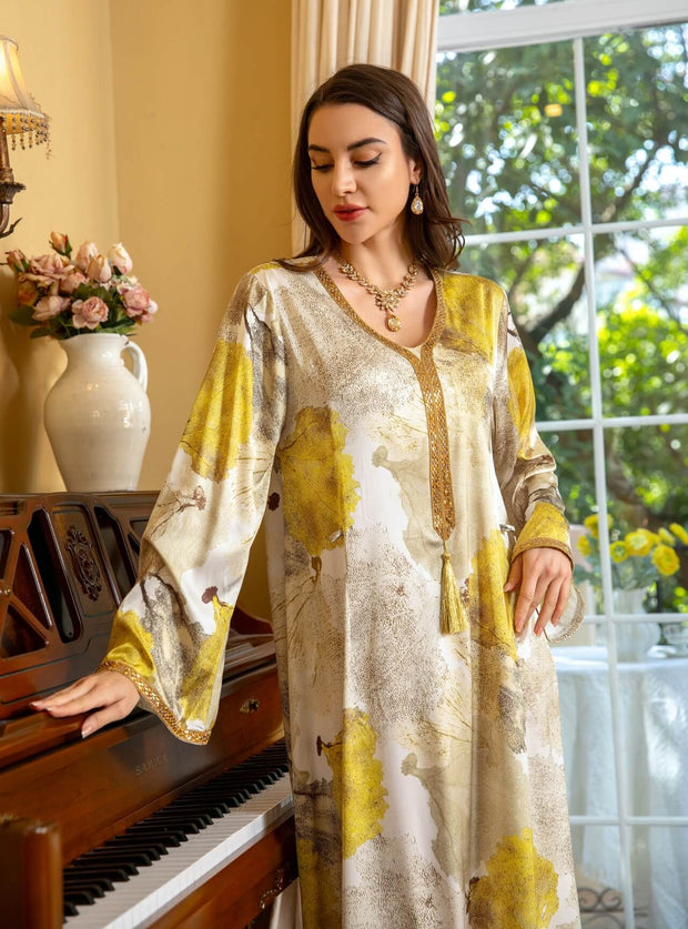 Satin Printed Rhinestone Kaftan Dress