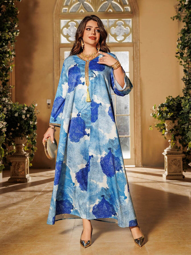Satin Printed Rhinestone Kaftan Dress