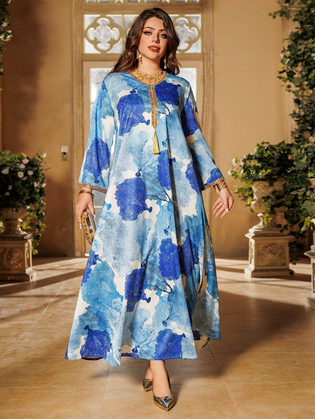 Satin Printed Rhinestone Kaftan Dress