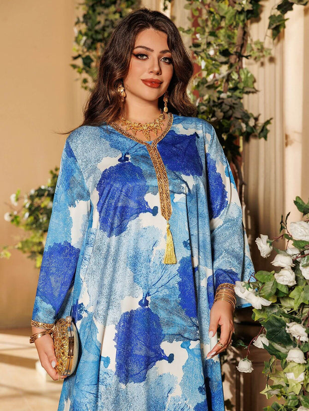 Satin Printed Rhinestone Kaftan Dress