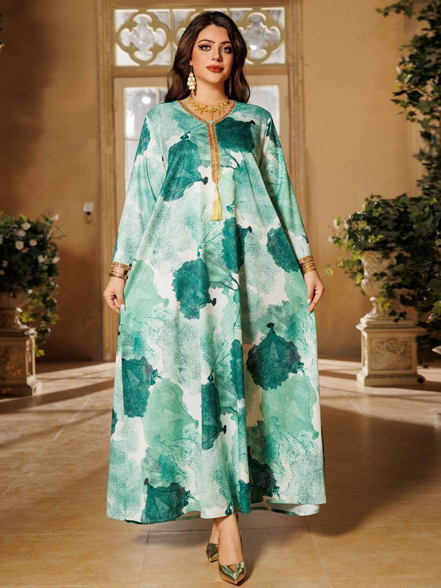 Satin Printed Rhinestone Kaftan Dress