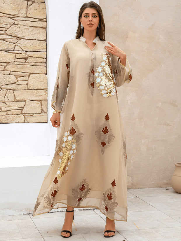 Apricot Floral Sequin Kaftan Dress