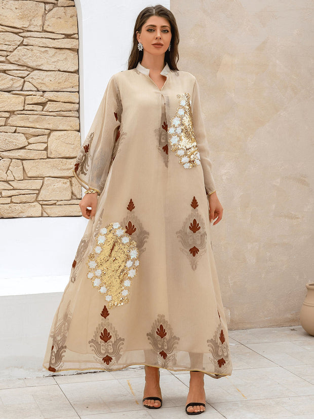 Apricot Floral Sequin Kaftan Dress