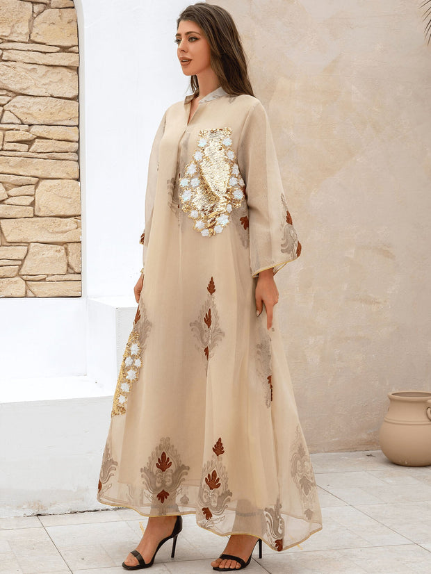 Apricot Floral Sequin Kaftan Dress