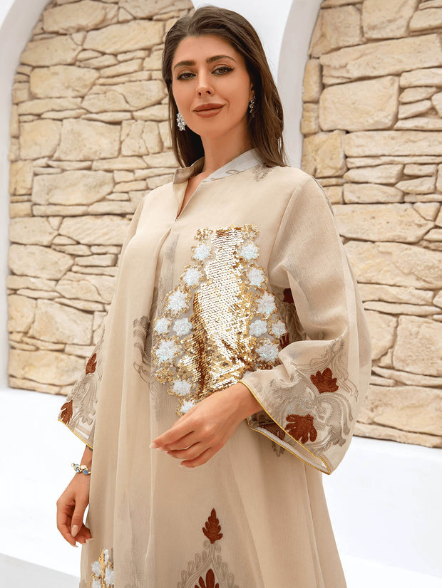 Apricot Floral Sequin Kaftan Dress