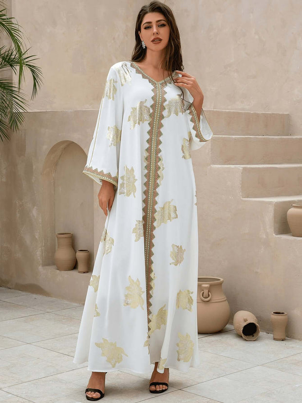 White Printed V-neck Kaftan